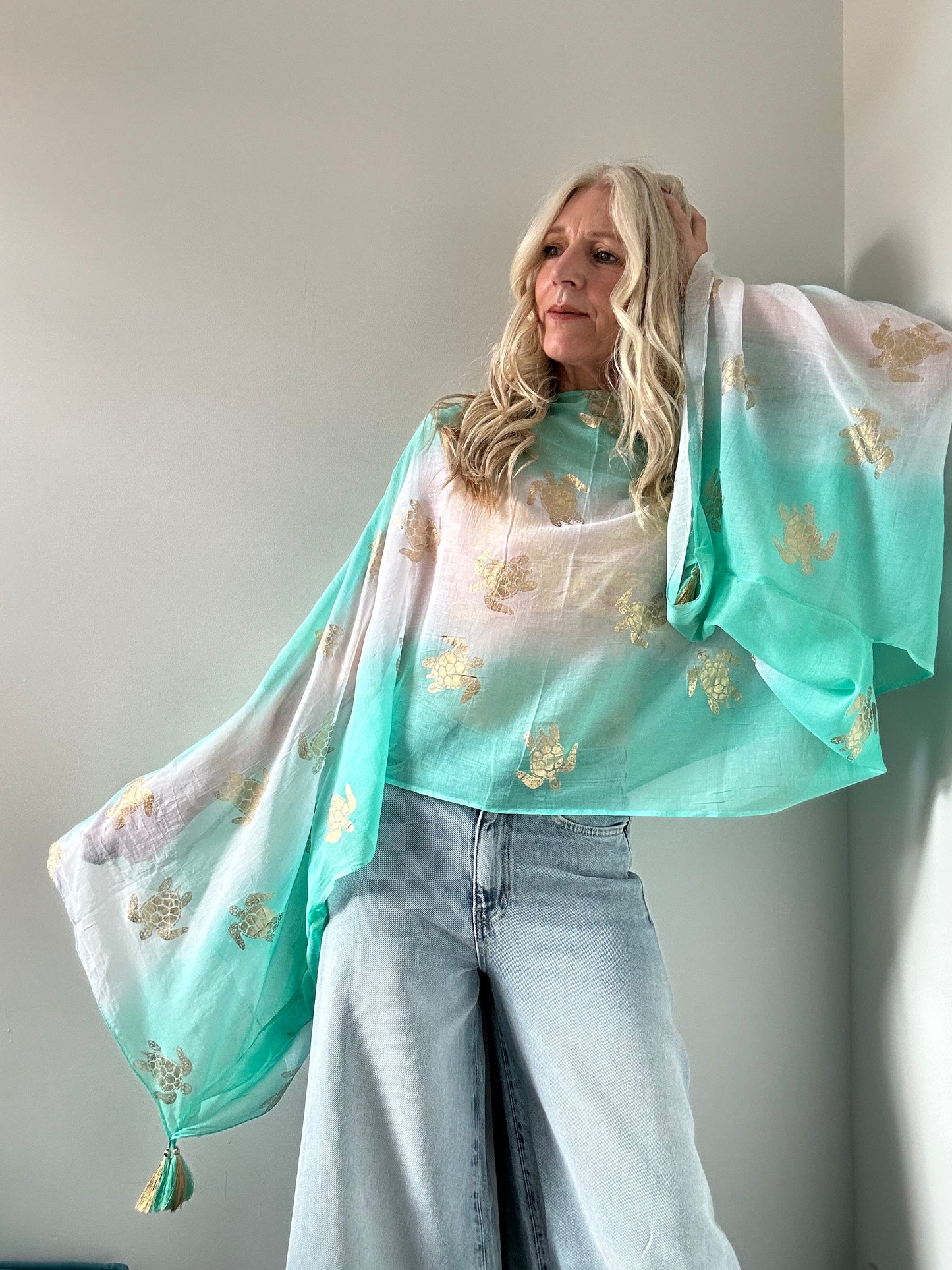 TURQUOISE GOLD TURTLE TASSEL TOP