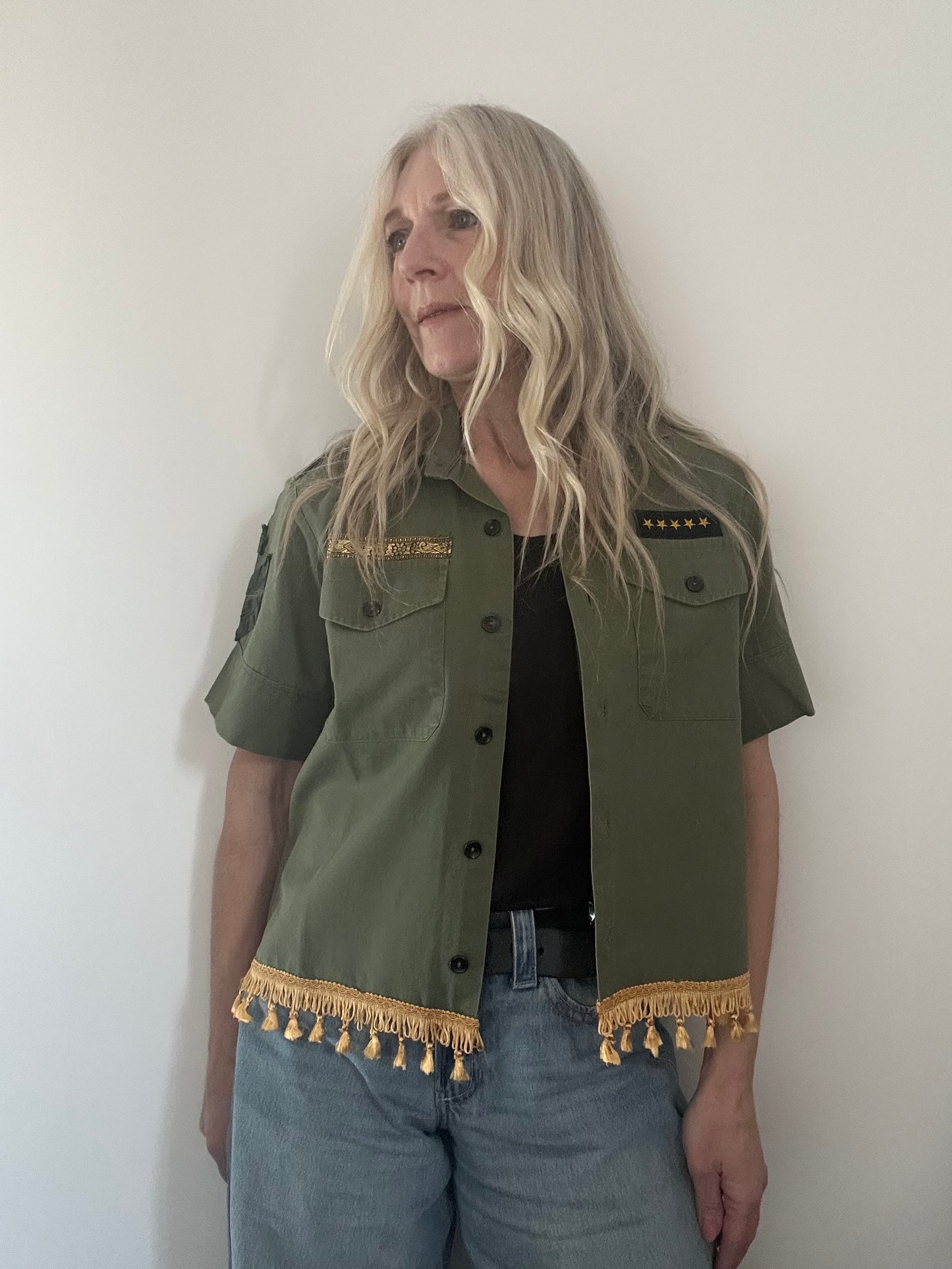 Gold Tassel Diamante Star Army Shirt M