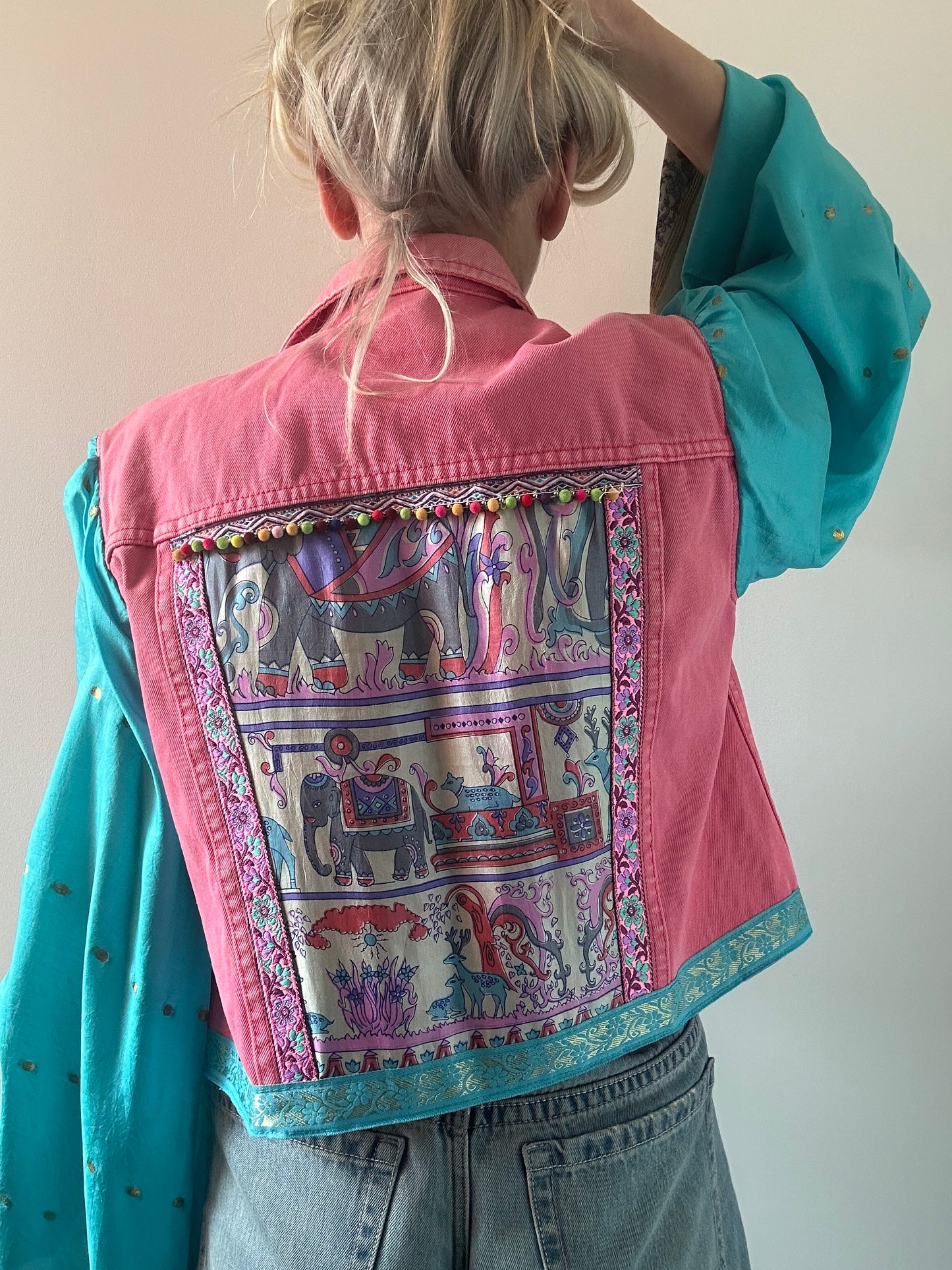 REWORKED PINK ELEPHANT DENIM JACKET M/L
