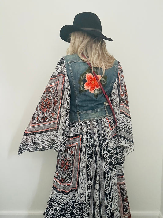 ORANGE FLOWER REWORKED DENIM JACKET S