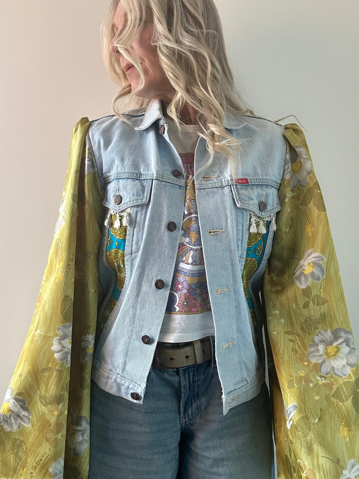 REWORKED GREEN FLORAL DENIM JACKET M/L