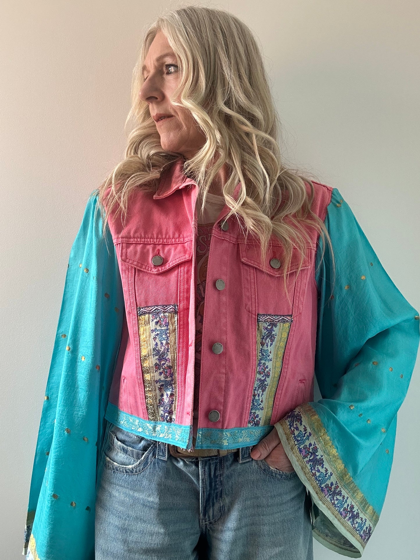 REWORKED PINK ELEPHANT DENIM JACKET M/L