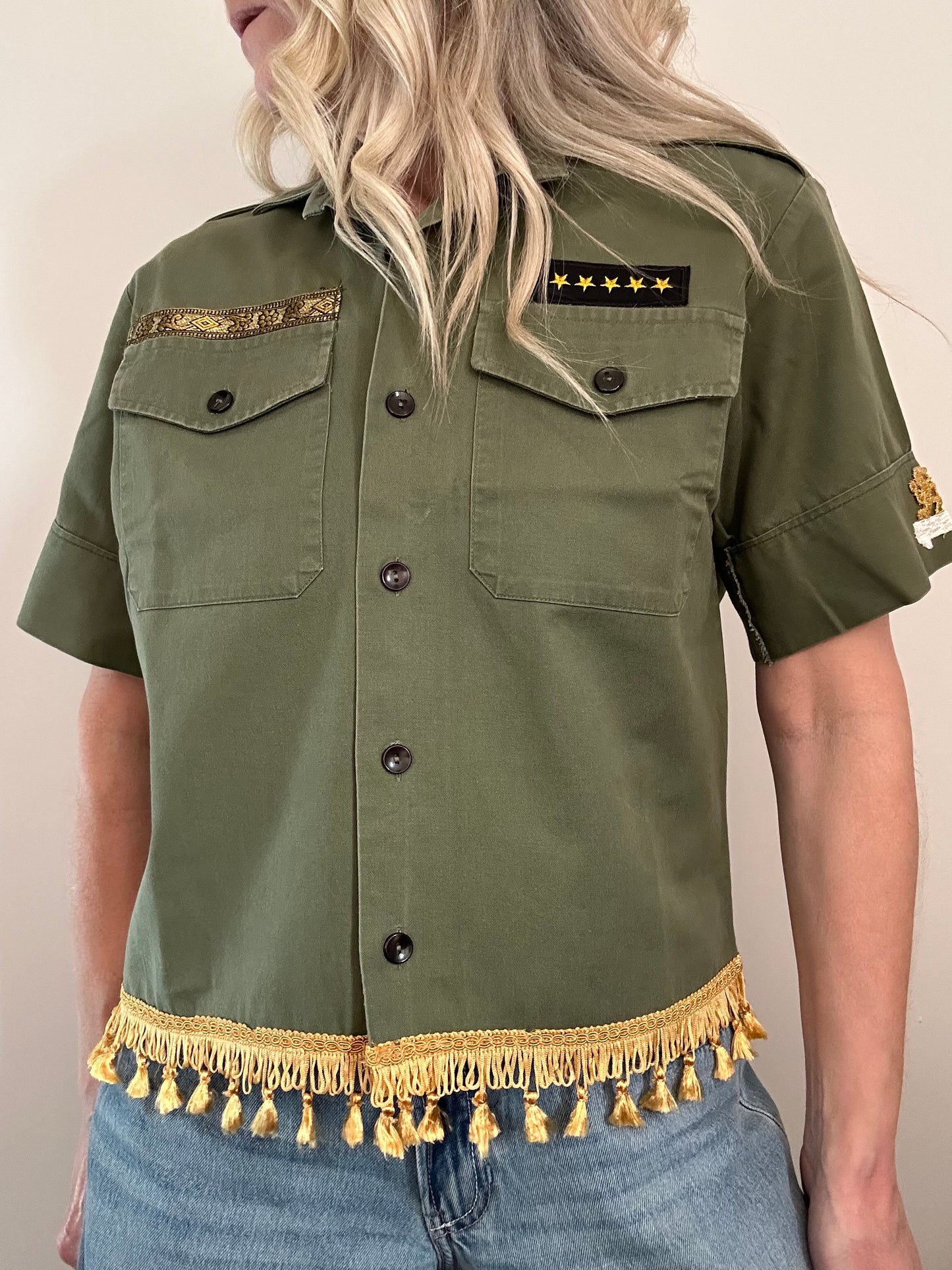Gold Tassel Diamante Star Army Shirt M