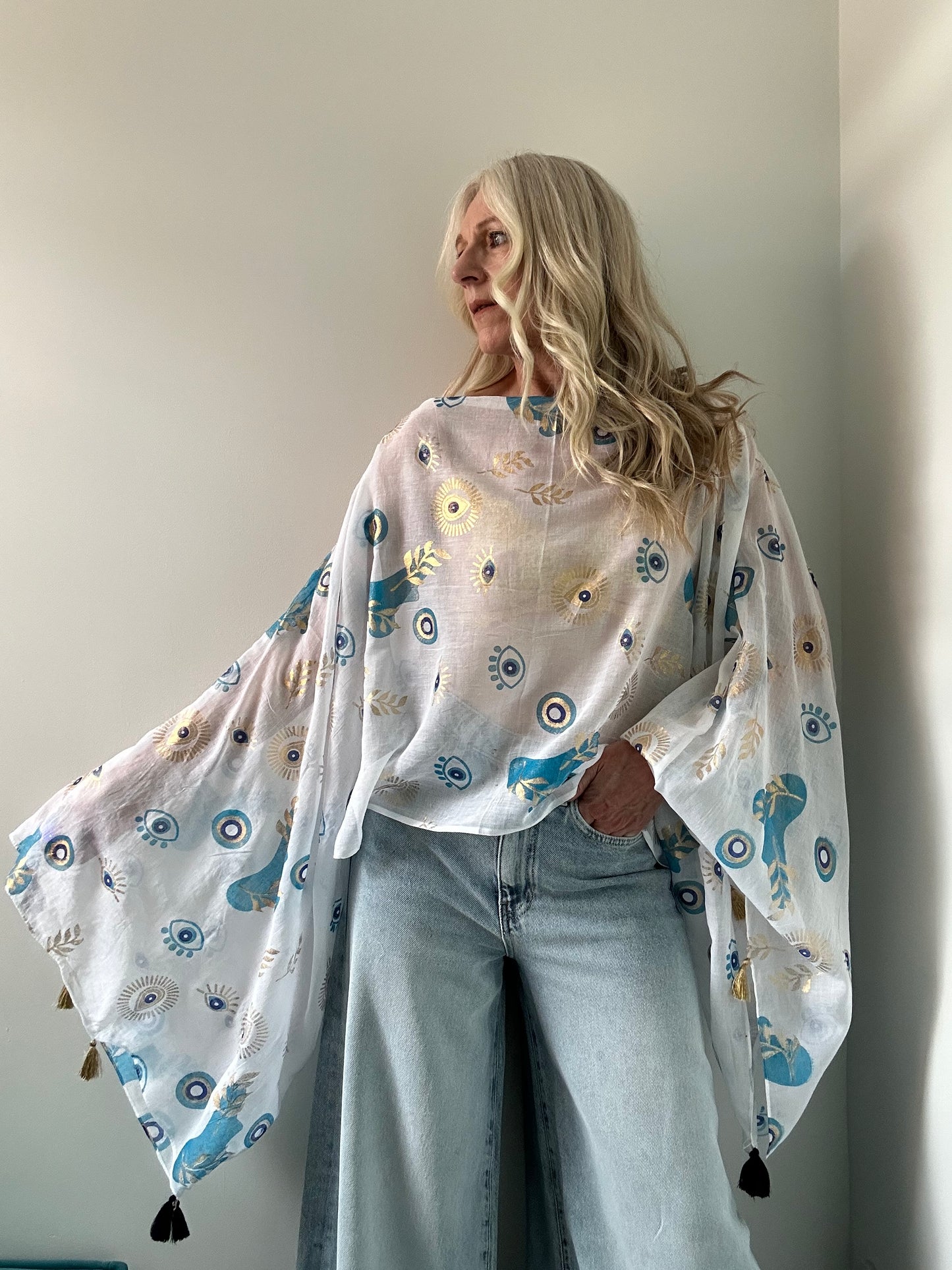 WHITE GOLD EGYPTIAN EYE TASSEL TOP