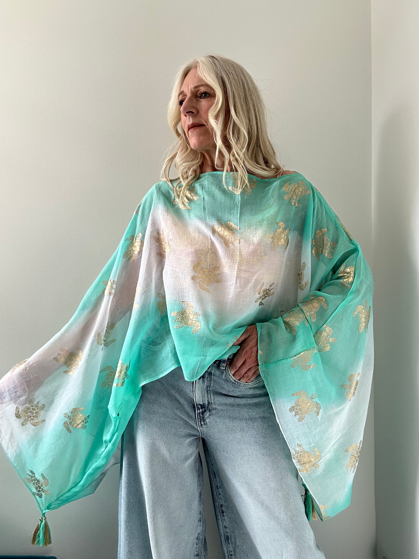 TURQUOISE GOLD TURTLE TASSEL TOP