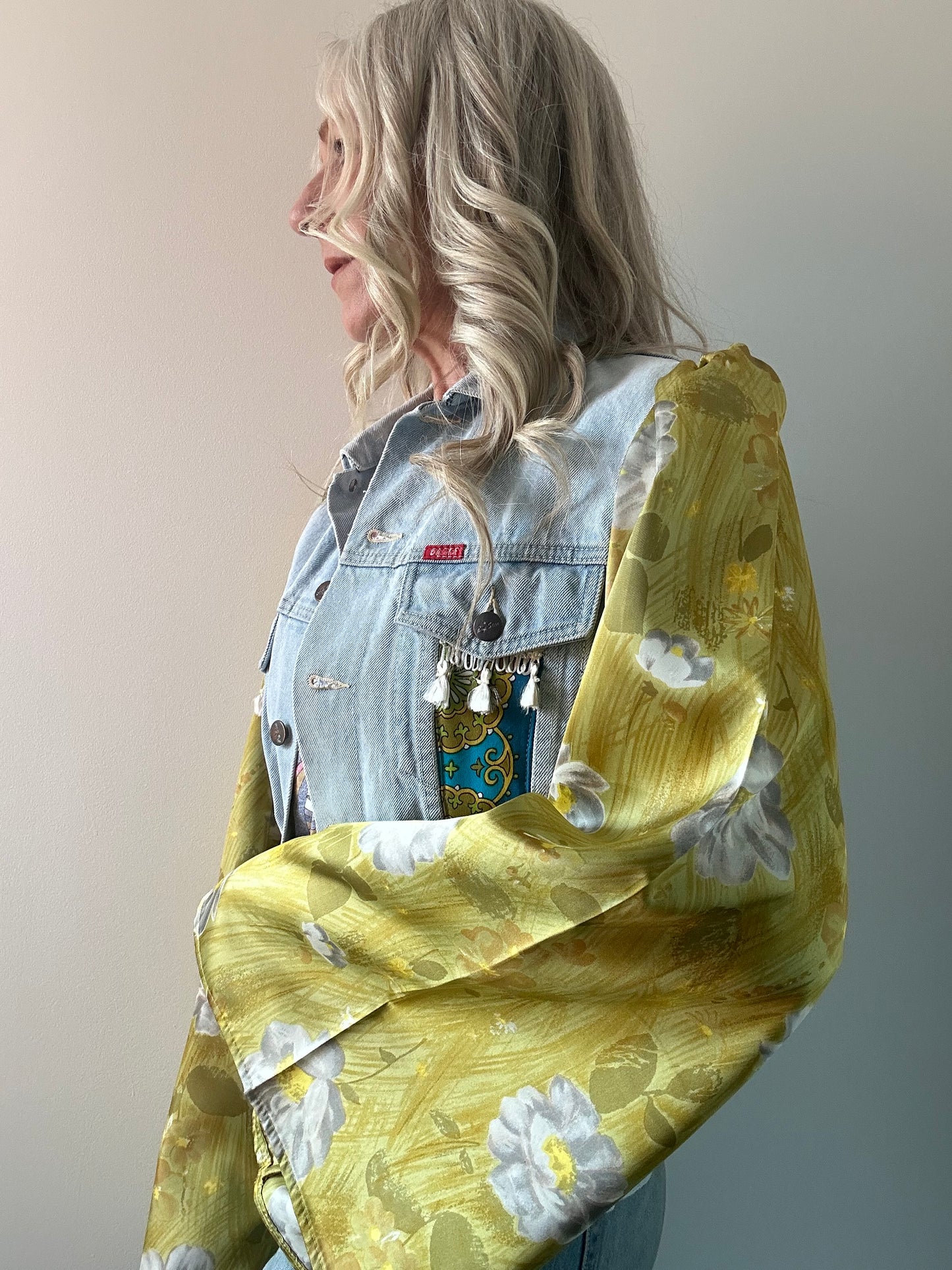REWORKED GREEN FLORAL DENIM JACKET M/L