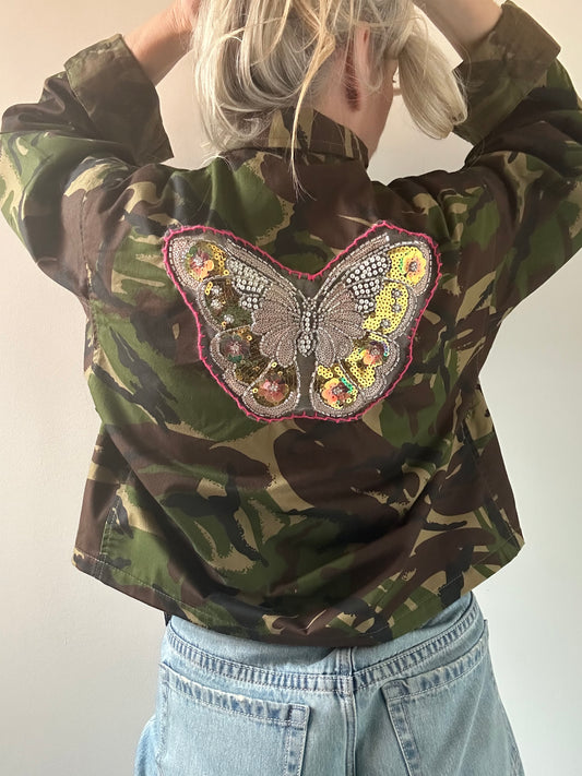 BLUE FLOWERS & BUTTERFLY KHAKI CAMO JACKET M/L