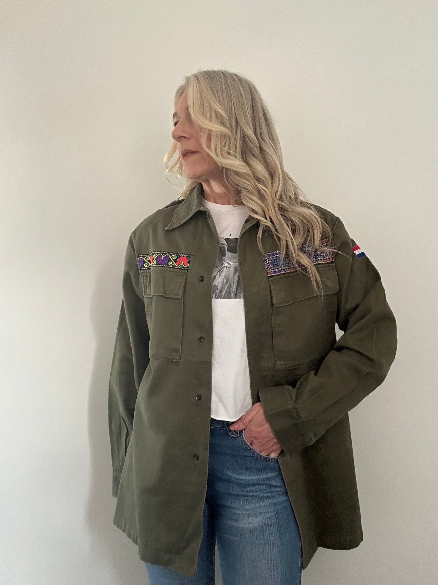 REWORKED PURPLE FLOWERS MILITARY ARMY JACKET M/L