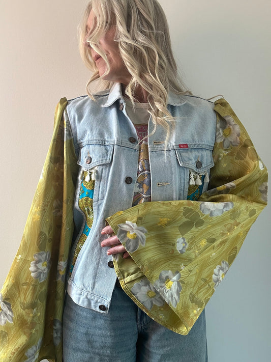 REWORKED GREEN FLORAL DENIM JACKET M/L