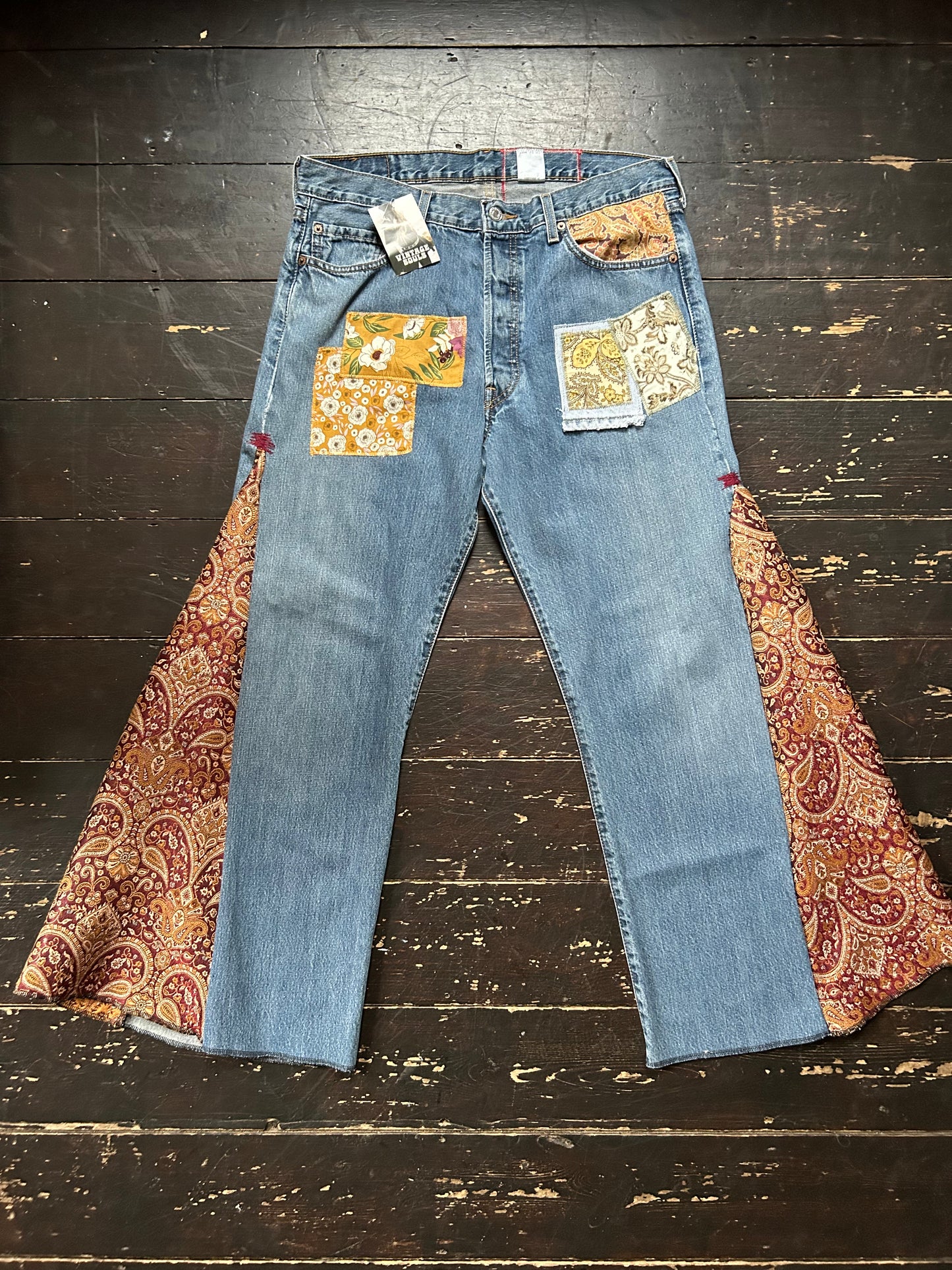 PAISLEY GOLD VINTAGE REWORKED LEVI'S 501's JEANS LONG LENGTH
