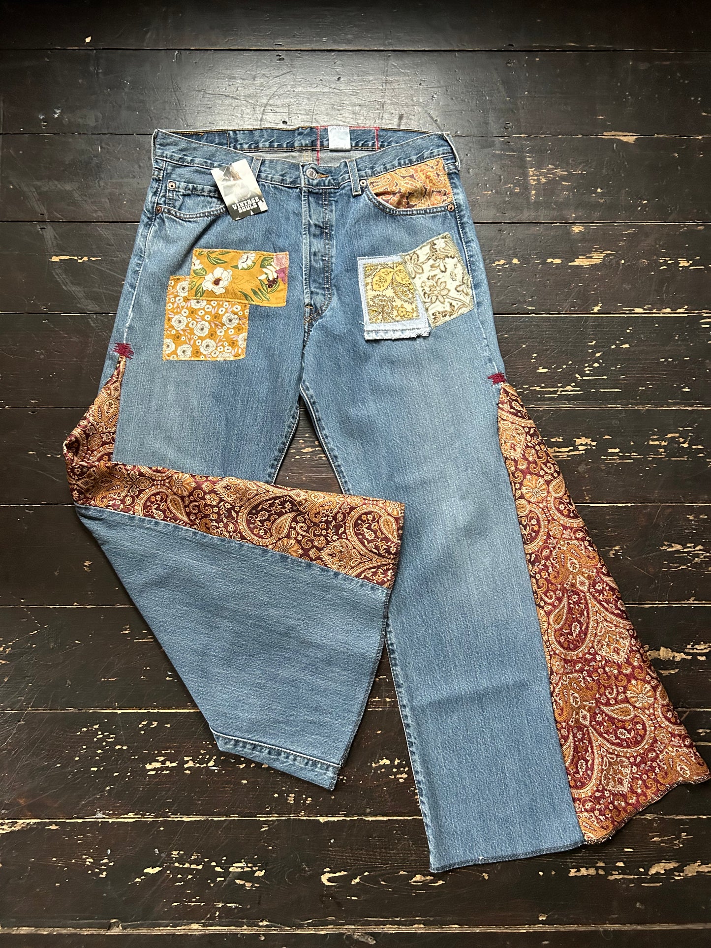 PAISLEY GOLD VINTAGE REWORKED LEVI'S 501's JEANS LONG LENGTH