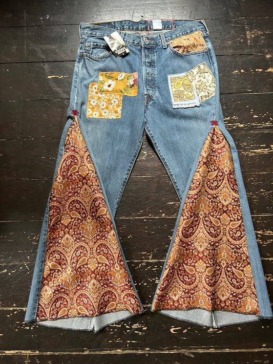 PAISLEY GOLD VINTAGE REWORKED LEVI'S 501's JEANS LONG LENGTH