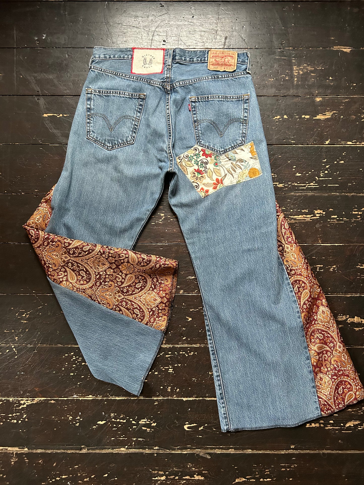 PAISLEY GOLD VINTAGE REWORKED LEVI'S 501's JEANS LONG LENGTH