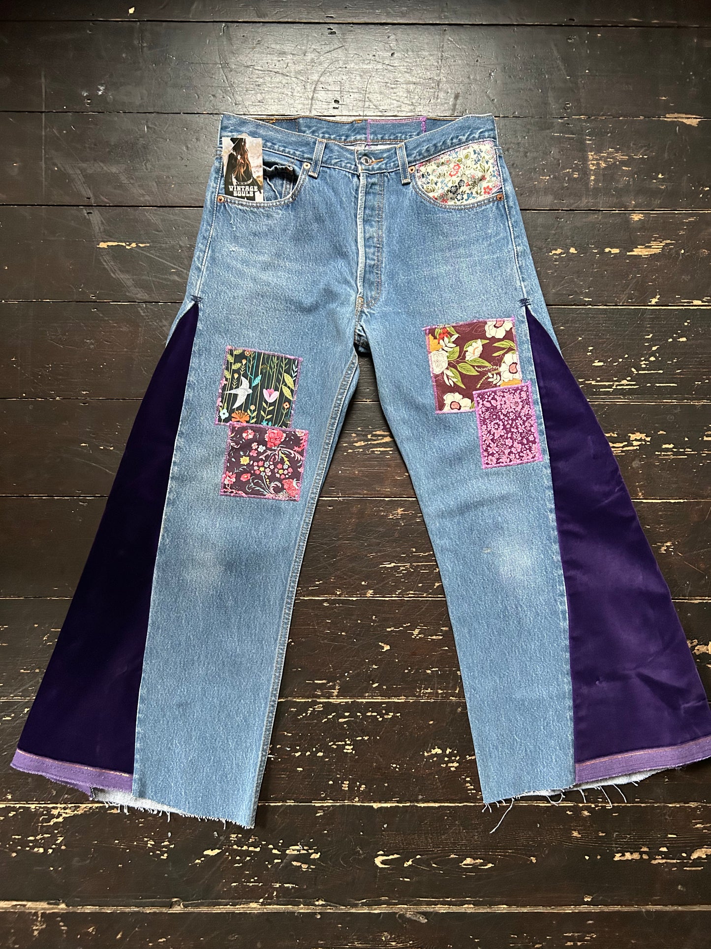 PURPLE VELVET VINTAGE REWORKED LEVI'S 501's JEANS