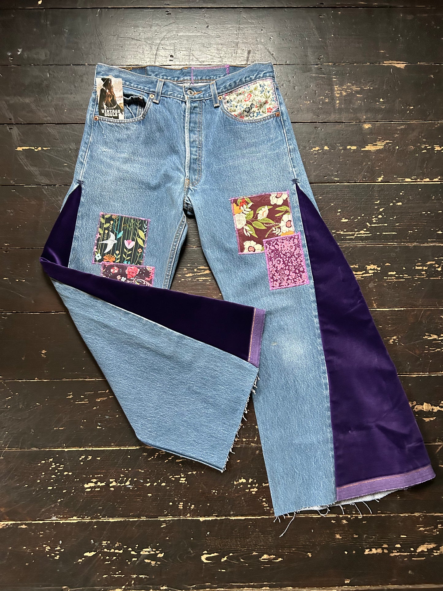 PURPLE VELVET VINTAGE REWORKED LEVI'S 501's JEANS