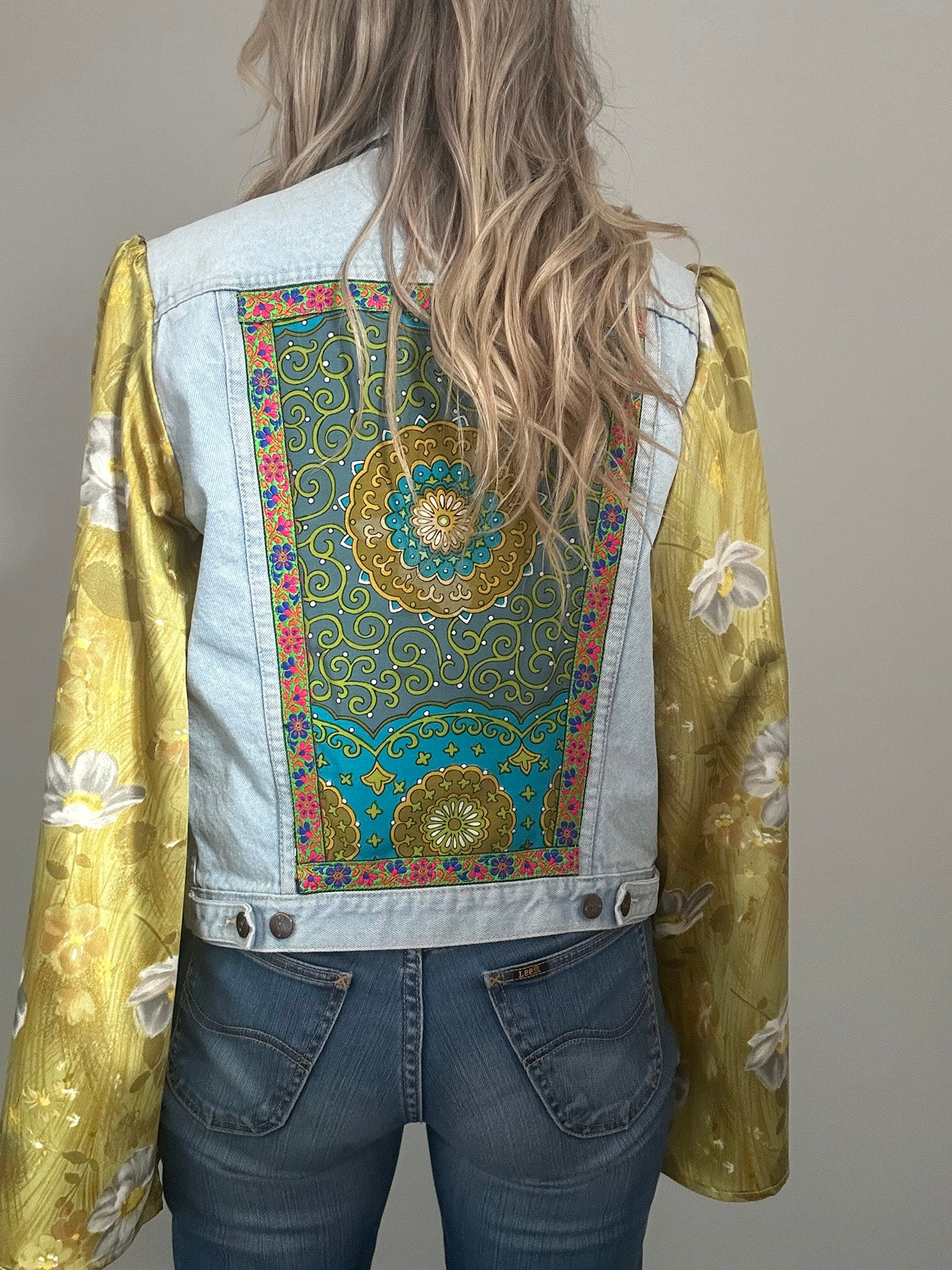 REWORKED GREEN FLORAL DENIM JACKET M/L