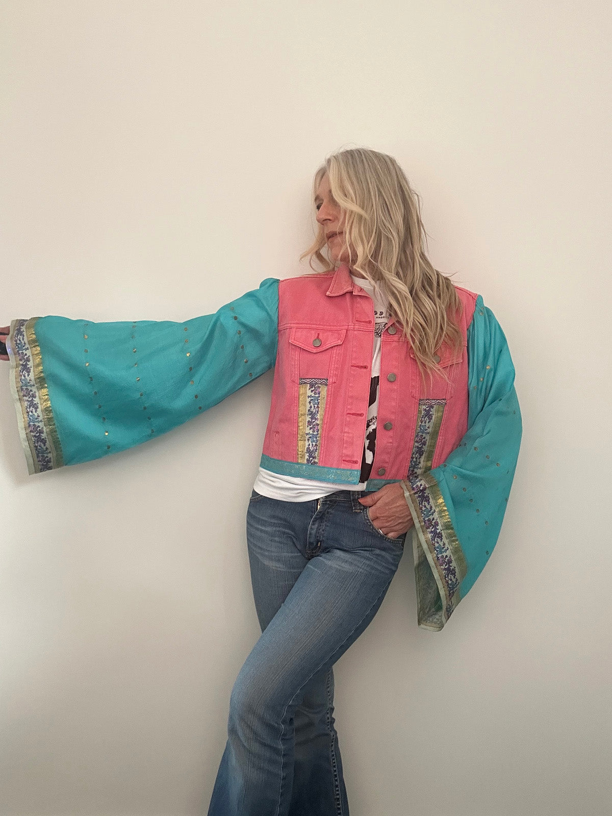 REWORKED PINK ELEPHANT DENIM JACKET M/L