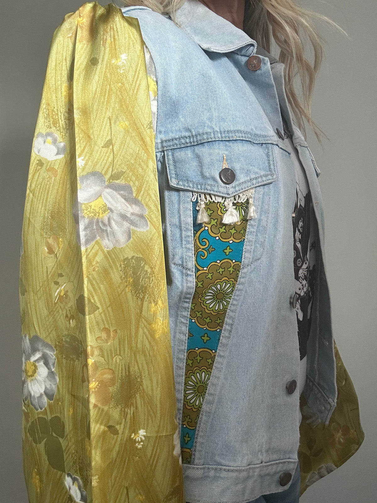 REWORKED GREEN FLORAL DENIM JACKET M/L
