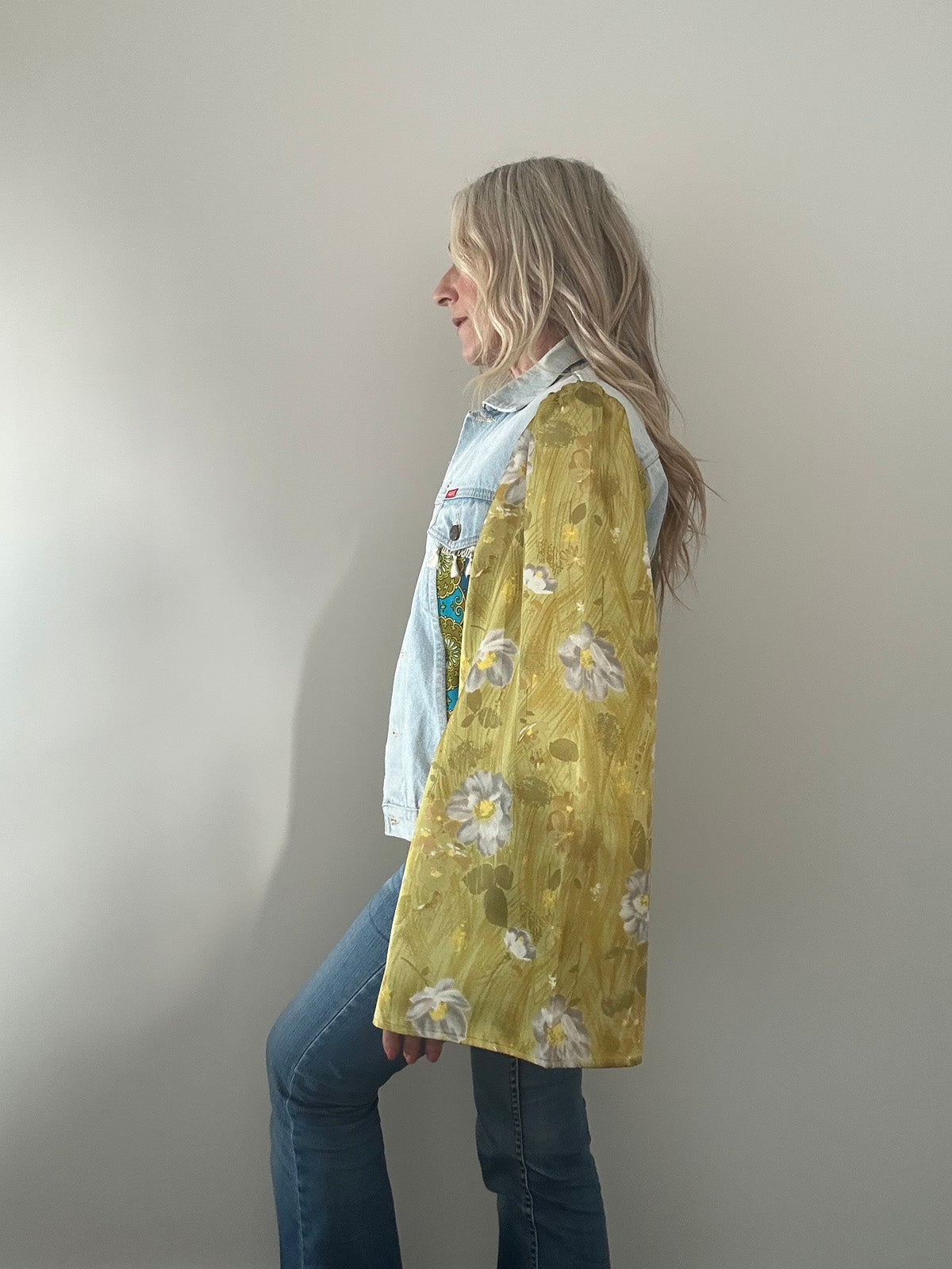 REWORKED GREEN FLORAL DENIM JACKET M/L