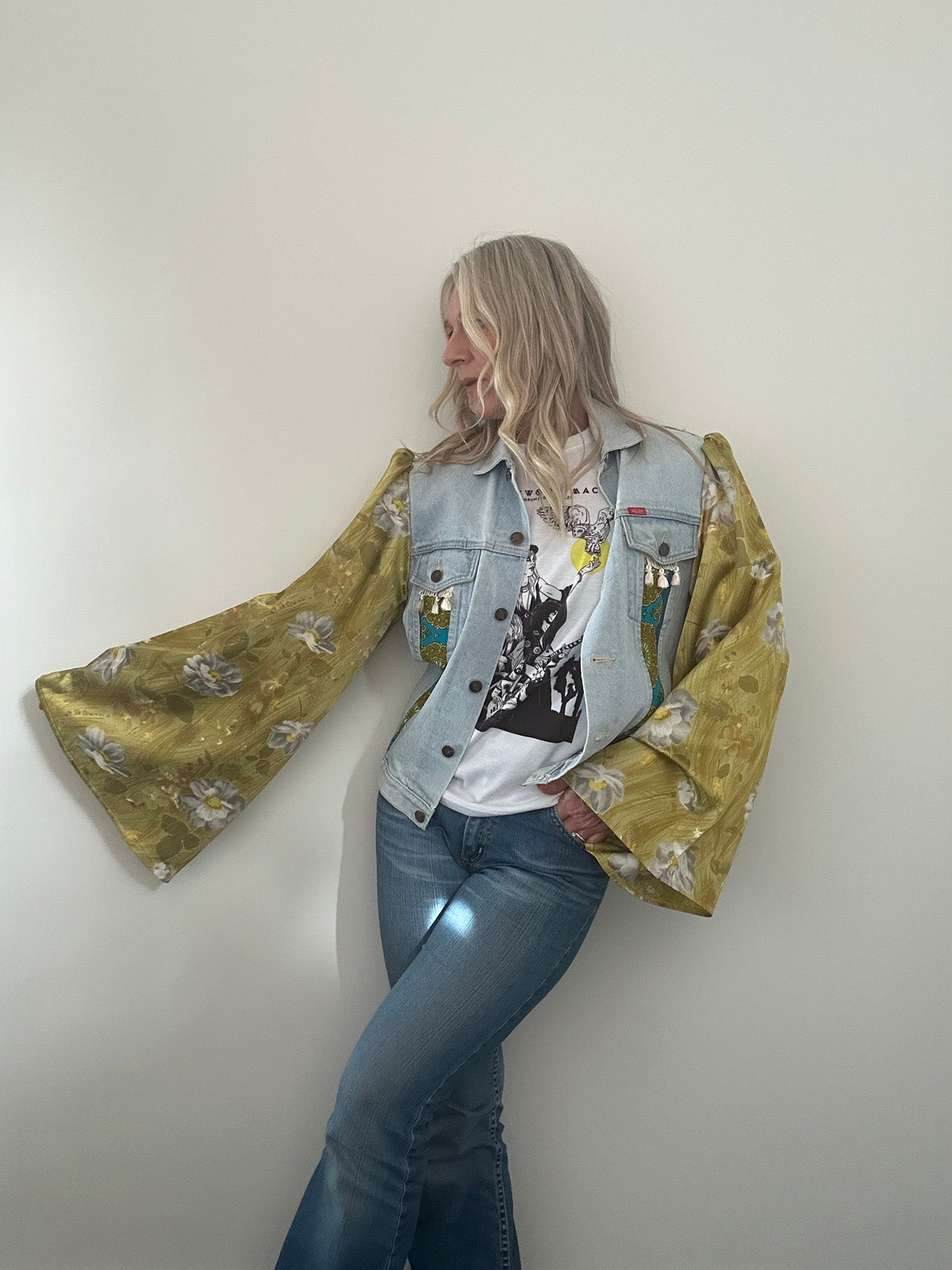 REWORKED GREEN FLORAL DENIM JACKET M/L