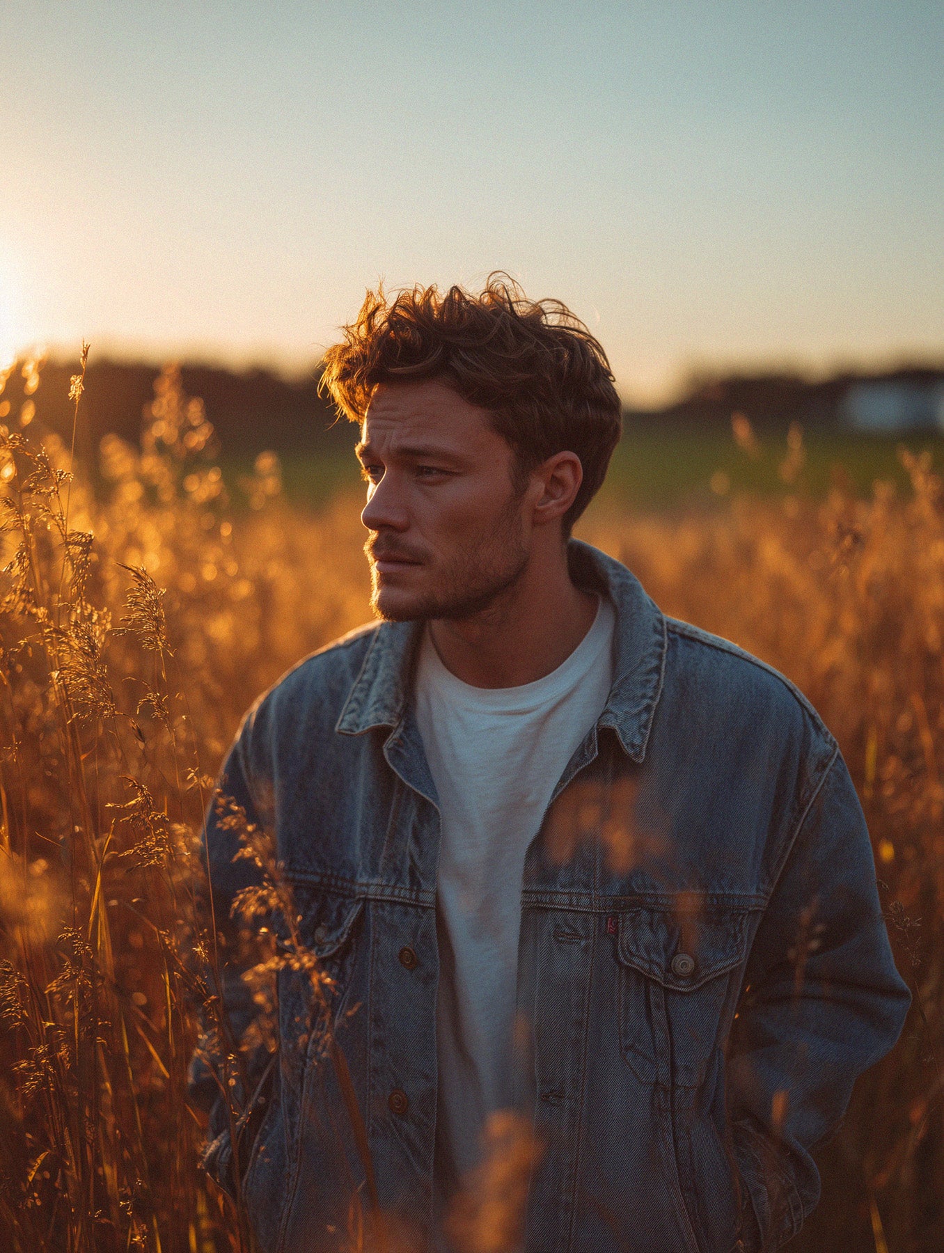 Man standing in a field of tall grass during sunset