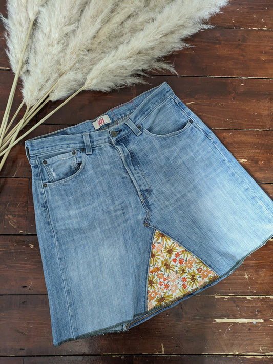 ORANGE AND YELLOW FLOWERS REWORKED LEVI'S 501's FLORAL JEANS SKIRT W32