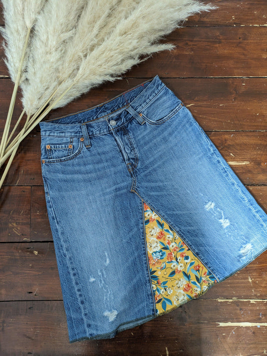 YELLOW FLORAL REWORKED LEVI'S 501's FLORAL JEANS SKIRT W28
