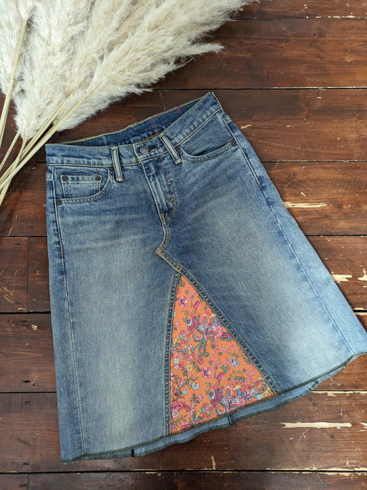 ORANGE FLORAL REWORKED LEVI'S 511's JEANS SKIRT W27